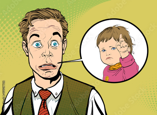 Surprised man. Man and child. Man and strict child. Surprised man and child.