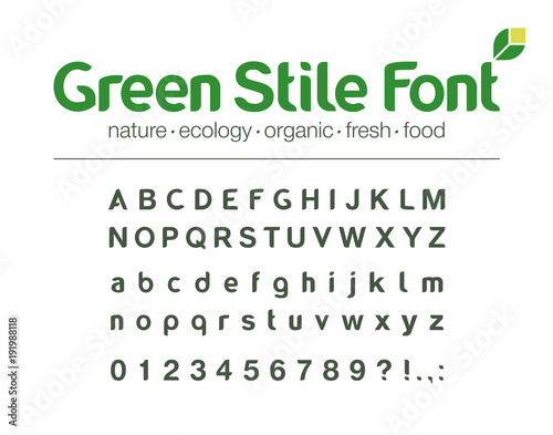 Universal brand name font. Food, drink, organic, environment, nature, green energy, bio medicine abc alphabet. Letters, numbers for product eco friendly business logo design. Modern vector typeface