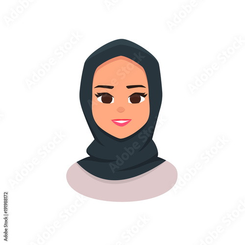 Smiling girl in hijab. Young Arabic business woman wearing hijab. Arabian Woman Face Covered with Hijab. Vector illustration isolated from white background