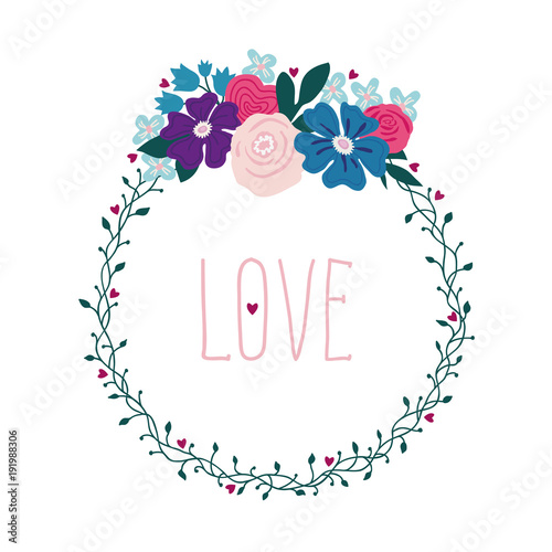 Wreath from a vine and flowers, floral illustration with the inscription love. Lettering	