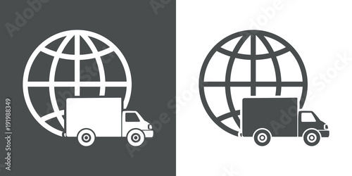 Icono plano esfera mundo con camion en gris y blanco