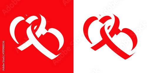 Icono plano corazones enlazados espacio negativo en rojo y blanco