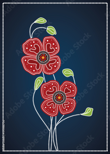 Fototapeta Naklejka Na Ścianę i Meble -  Red poppy flowers with Aboriginal art - Vector Illustration