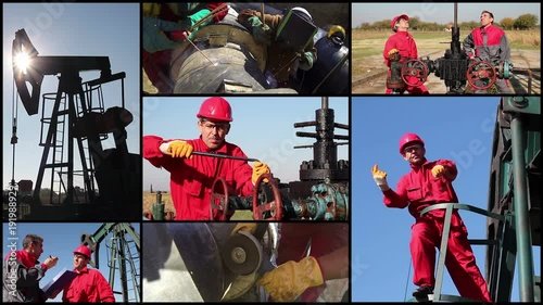 Oil industry workers in action at oil well, split screen 4K