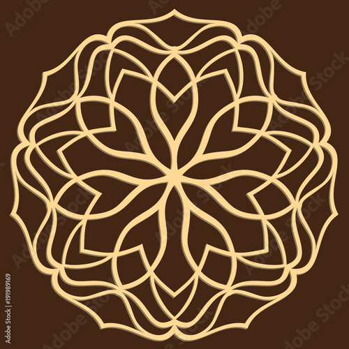 DIY laser cutting pattern. Jigsaw die cut ornament. Islamic cutout silhouette stencil. Fretwork round panel. Vector coaster for paper cutting, scrapbook and woodcut.