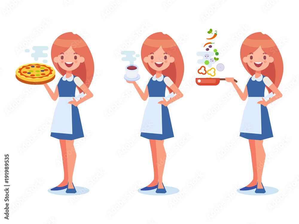 Female Waitress and cook flat vector set.