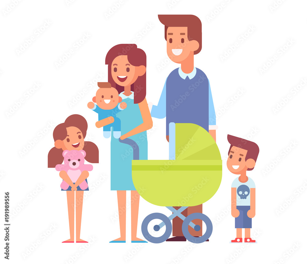Vector set of characters in a flat style. Happy parents with children. Cartoon  vector illustration.