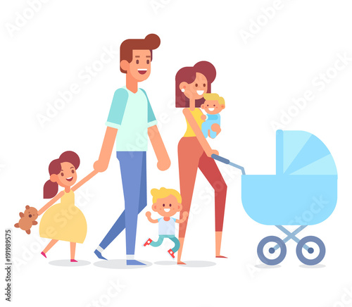 Family together on the Walk. Mom  Dad  Son  Daughter and  Newborn Baby in a Pram. Vector illustration in a flat style.