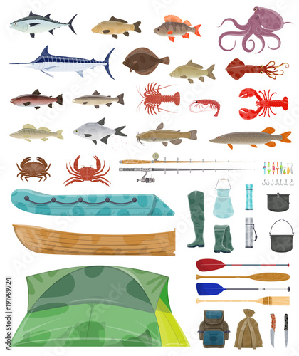 Vector fisherman man tools fishing tackles icons