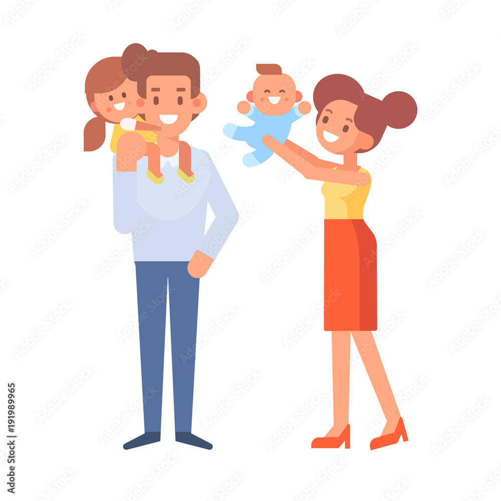 Vector set of characters in a flat style. Happy parents with children. Cartoon  vector illustration.