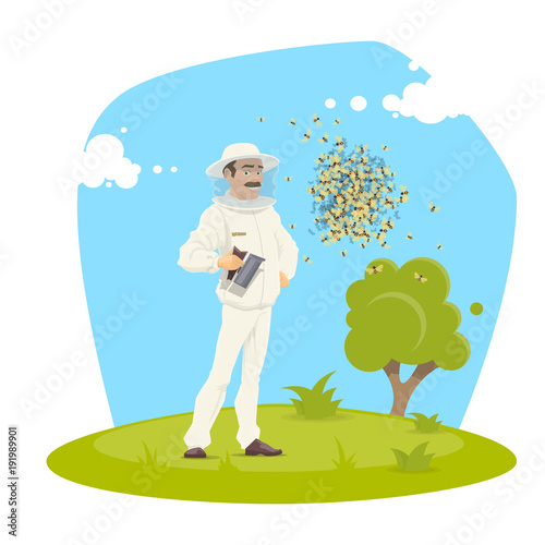 Beekeeping apiary and beekeeper vector design