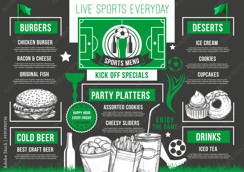 Vector soccer bar football beer pub meals menu - obrazy, fototapety, plakaty 