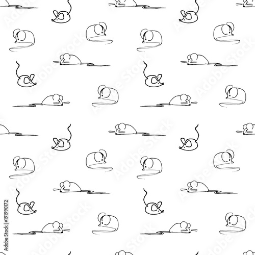 Seamless pattern with mouse  ink and pen doodle background  black and white hand-drawn illustration.