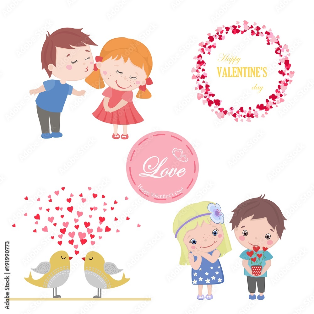 Valentine set of images for greeting card with cute cartoon isolated boy and girl, love birds Valentine set of images for greeting card with cute cartoon isolated boy and girl, love birds