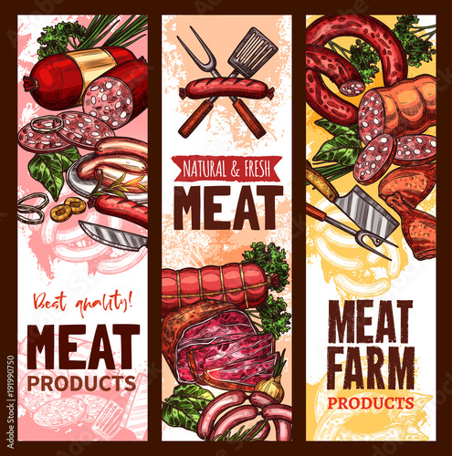 Vector sketch banners for meat farm products