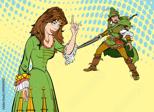 Girl teaching a man. Teaching princess. Lady in medieval dress. Medieval legend. Medieval woman. Robin Hood.