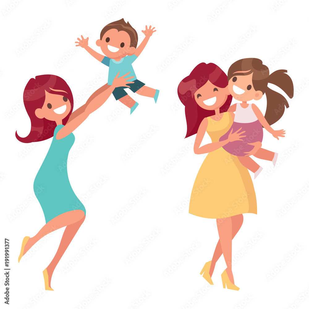 	 Mother with kids flat vector illustrations, isolated on white background. Mom holding her daughter and plays with her son. 