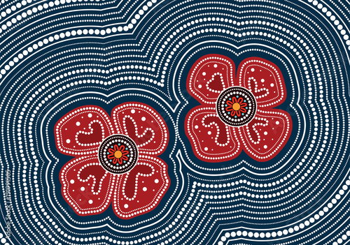 Aboriginal dot art painting with red poppy flowers - Vector Illustration 