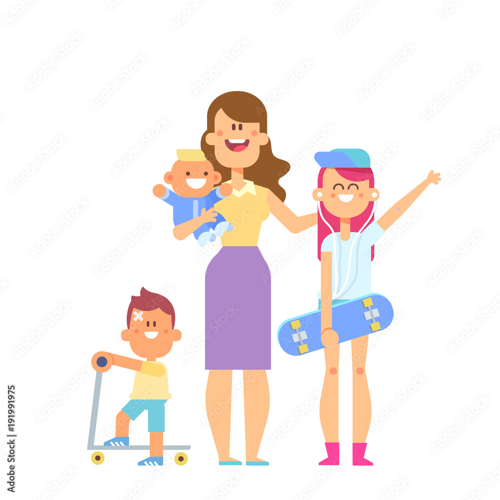 Happy mother with her three kids. Family together. Vector set of characters in a flat style good for animation. Boy with kick scooter. Teenage daughter is holding Skateboard. Happy mother with her three kids. Family together. Vector set of characters in a flat style good for animation. Boy with kick scooter. Teenage daughter is holding Skateboard.