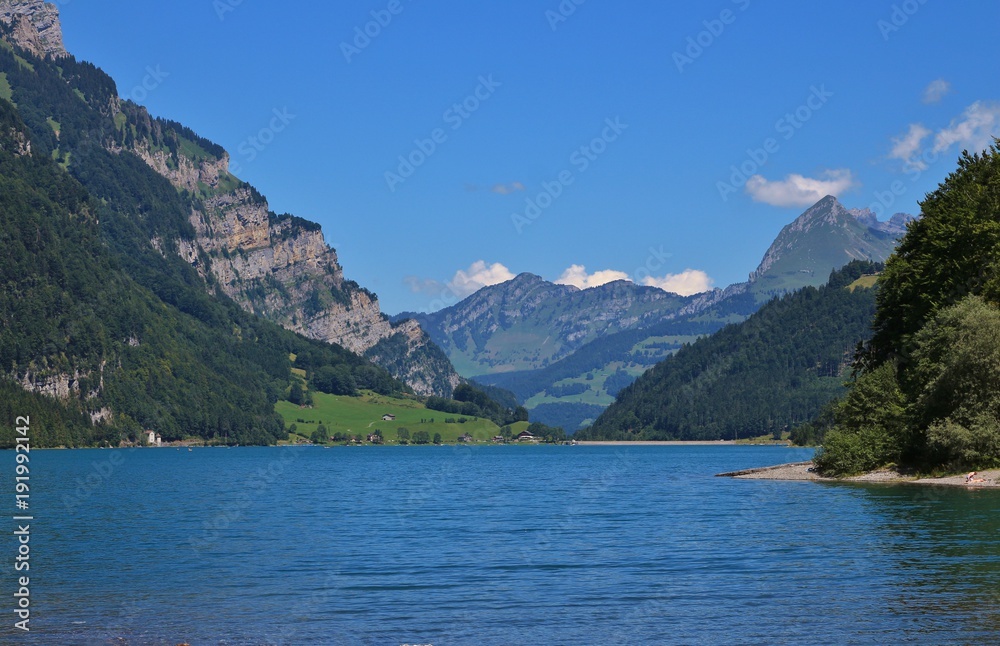 Lake Klontalersee on a summer day. Travel destination in Switzerland.