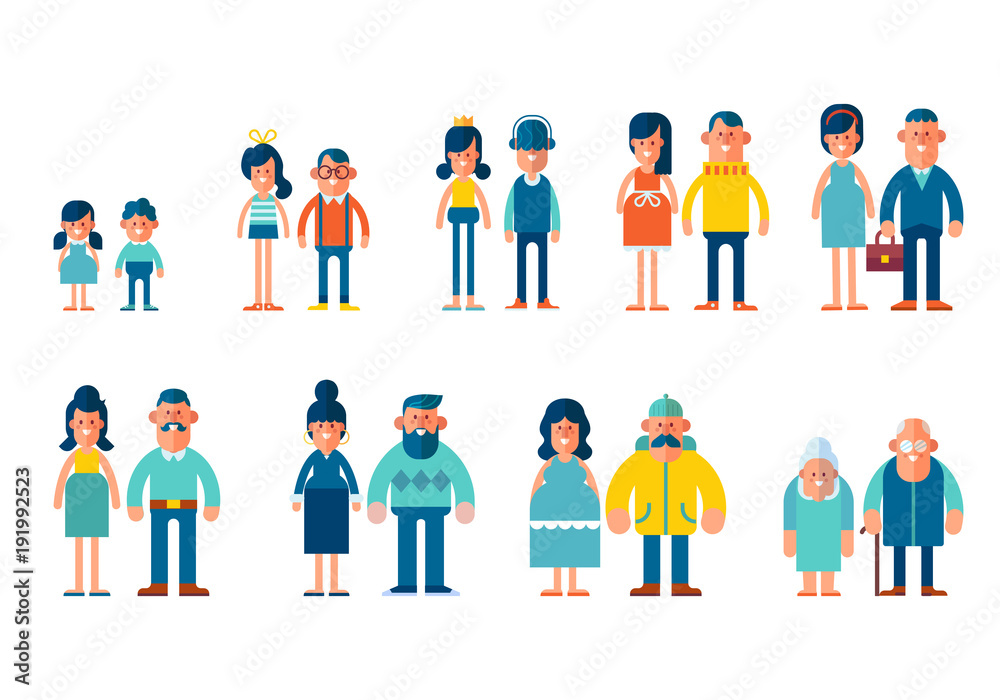 Set of characters in a flat style. Men and women characters, the cycle of life, growing up. From infant to grandparents. Vector characters are good for animation.