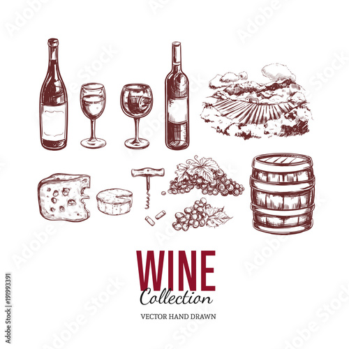 Wine set. Vector hand drawn elements including wine glass, bottle, grape, vineyard landscape, cheese, barrel with wine. Sketch style