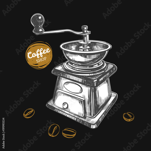 Coffee grinder. Coffee shop concept. Vector hand drawn illustration. Sketch style