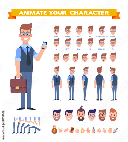 Front, side, back, 3/4 view animated character. Business man character creation set with various views, hairstyles, lip sync,face emotions, poses and gestures. Cartoon style, flat vector illustration.