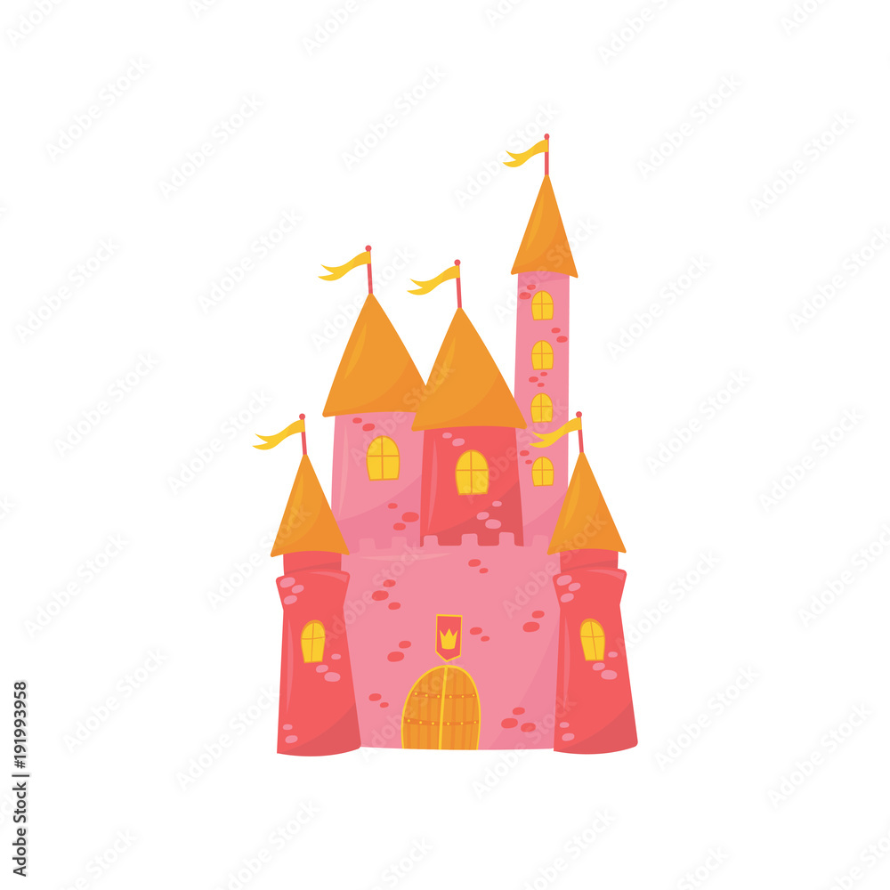 Medieval castle with flanking towers, wooden gate and flags on conical roof. Pink princess palace. Fairy tale building. Colorful flat vector design for book or postcard