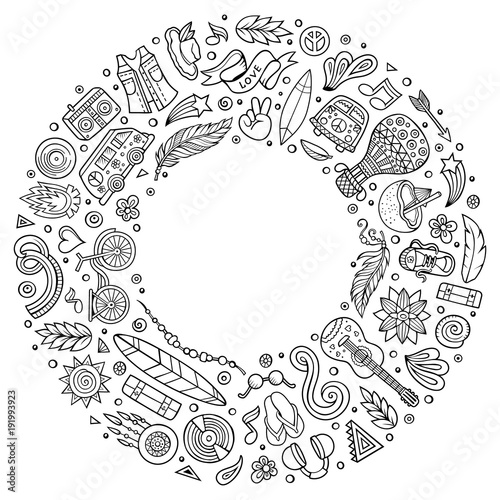 Set of Hippie cartoon doodle objects, symbols and items