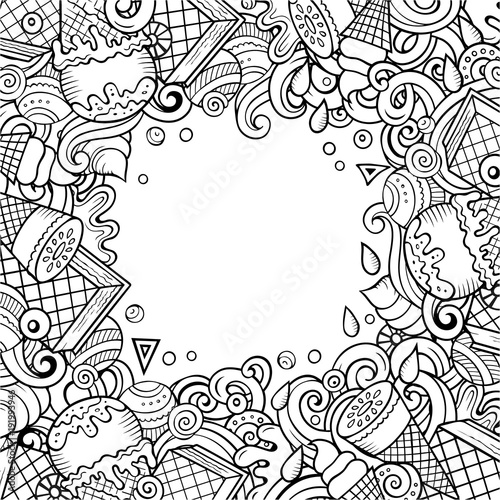 Cartoon vector hand-drawn doodles Ice Cream frame illustration.
