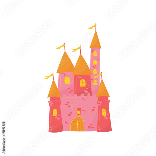 Medieval castle with flanking towers, wooden gate and flags on conical roof. Pink princess palace. Fairy tale building. Colorful flat vector design for book or postcard