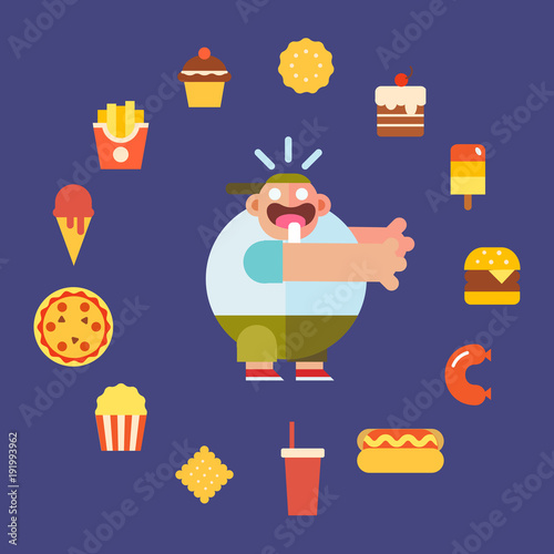 Cute hungry fat boy with fast food. Cartoon style character, flat vector illustration.