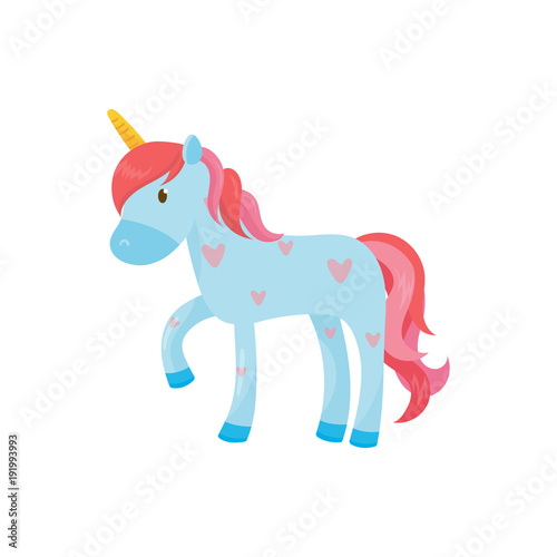 Cartoon blue Pegasus or unicorn. Magical one-horned animal with pink mane and tail. Beautiful imaginary creature. Mythical fairy tale character. Flat vector design