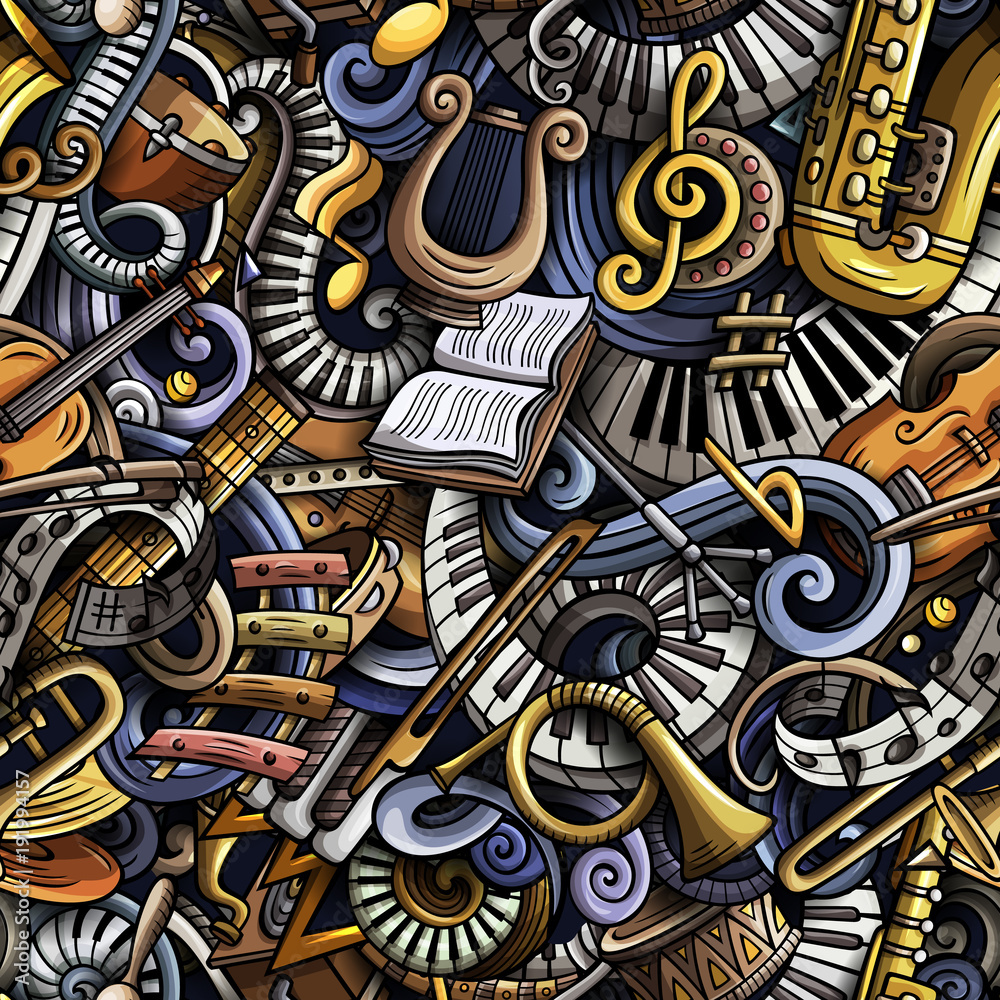 Cartoon cute doodles Classical music seamless pattern