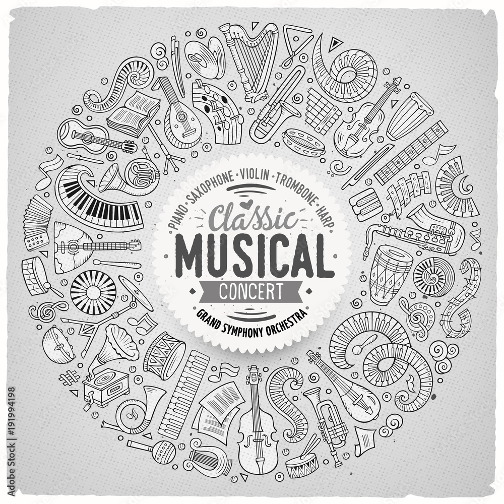 Set of vector cartoon doodle classic musical instruments and objects collected in a circle border