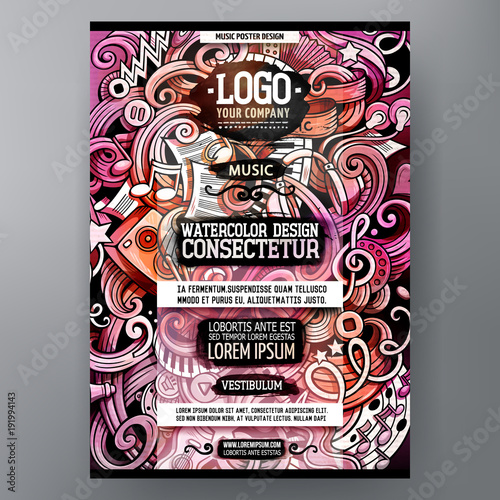 Cartoon watercolor hand drawn doodles Music poster design template