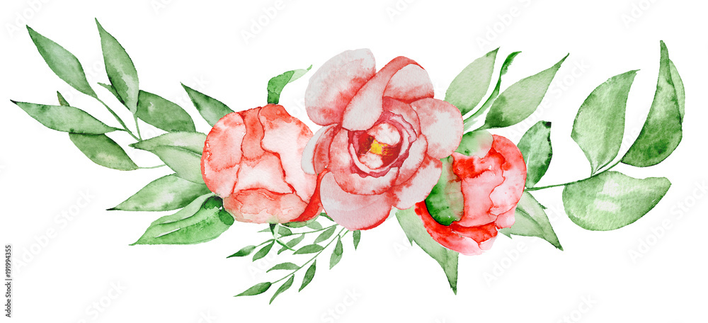 Peonies bouquet Hand painted watercolor combination of Flowers and Leaves