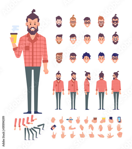  Front, side, back view animated character,separate parts of body. Fashionable Bearded hipster with coffee constructor with various views, hairstyles, poses and gestures. Flat vector illustration.