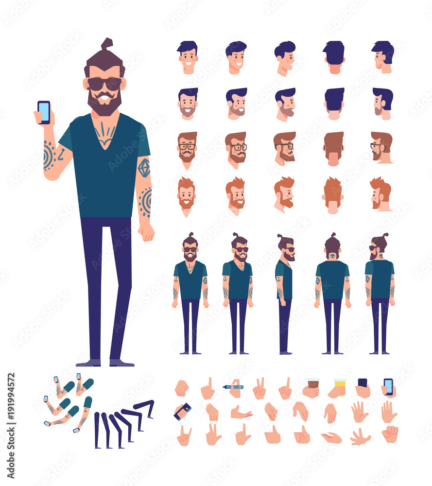 Front, side, back view animated character. Brutal Bearded hipster with tattoos on his arms constructor with various views, hairstyles, poses and gestures. Cartoon style, flat vector illustration. Front, side, back view animated character. Brutal Bearded hipster with tattoos on his arms constructor with various views, hairstyles, poses and gestures. Cartoon style, flat vector illustration.