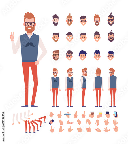 Front, side, back view animated character, separate parts of body. Fashionable bearded hipster constructor with various views, hairstyles, poses and gestures. Flat vector illustration.