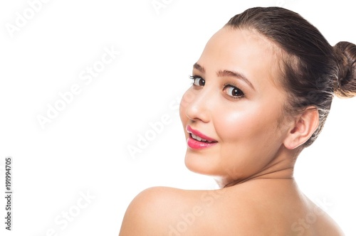 Smiling woman with clean skin on white isolated background. Spa, care, youth, spring.