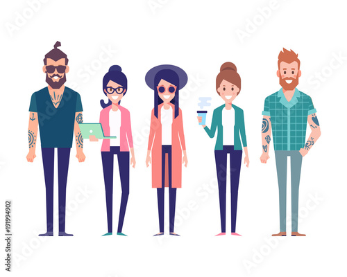 	 Group of young hipster friends.Urban citizen characters. Flat vector illustration isolated on white background. Cartoon style.