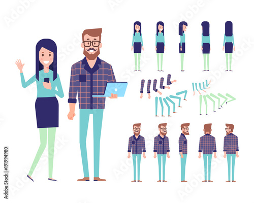 Front, side, back view animated characters. Girl and guy characters creation set with various views, face emotions, poses. Cartoon style, flat vector illustration.