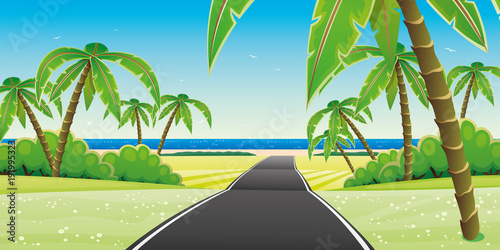 Road to the beach and palm trees.