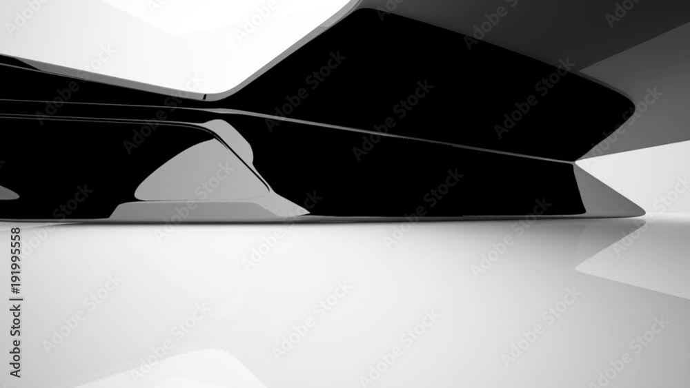 Abstract dynamic interior with black smooth objects and white room . 3D animation and rendering 