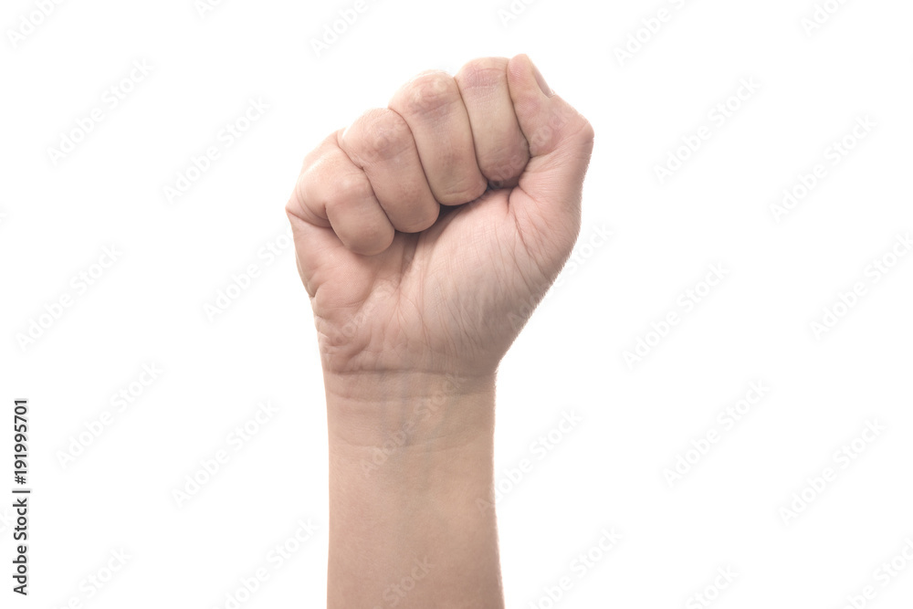 Right female hand fist - human hand gesture isolated on white background with copyspace
