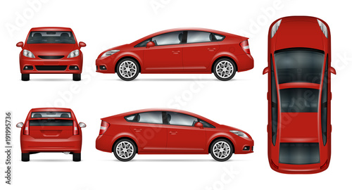 Red car vector mock-up. Isolated template of car on white background. Vehicle branding mockup. Side, front, back, top view. All elements in the groups on separate layers. Easy to edit and recolor.