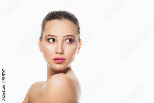 Beauty portrait of female face with natural skin. Spa, care, make up, freshness.
