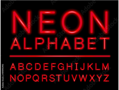 Red neon alphabet with complete letters set with LED effect